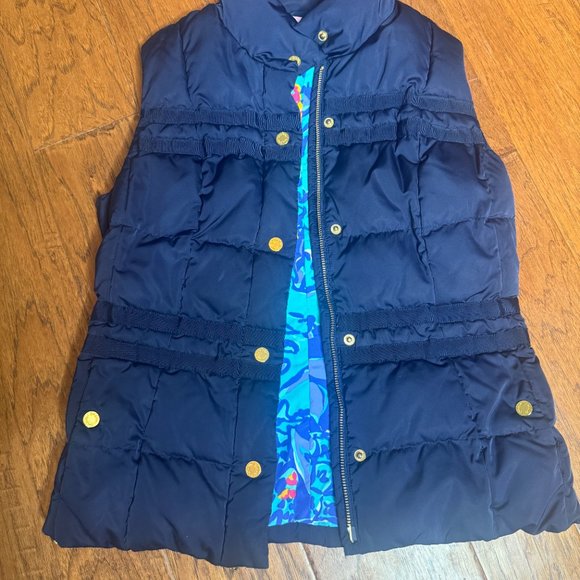 Lilly Pulitzer Isabelle Midnight Navy Down Vest Blue Iris Mai Tai Lining Size S - Picture 3 of 13